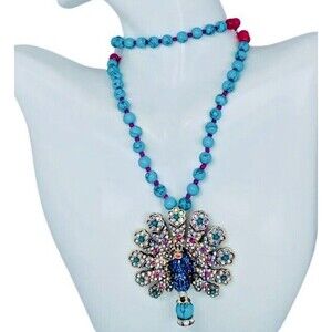 Betsey Johnson Peacock Pendant Necklace 30" Boho Betsey Crystal Turquoise